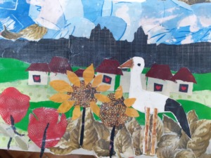 O resultado do trabalho foi um cartaz A4 com a bonita paisagem alentejana recriada e interpretada pelos alunos através de várias técnicas de pintura e reutilização de roupas.