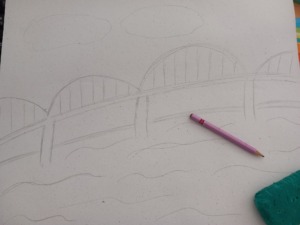 Realização do desenho da ponte Marechal Carmona em lápis de carvão.