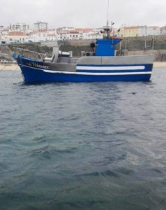 Foto do mar da Ericeira com barco de pesca.