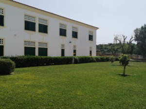 Fachada da escola e espaço exterior ajardinado da EB Prof. João Cónim