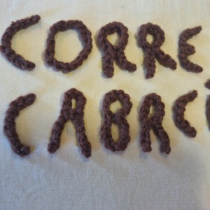 Pormenor das letras tricotadas em fio de lã e coladas.