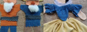 Pormenores do vestido e da roupa dos anões que foram aproveitados dos próprios tecidos