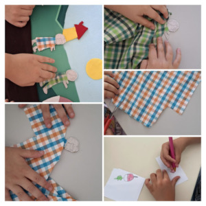Detalhes da escolha dos tecidos, dos recortes dos desenhos feitos pelos alunos e colagem.
