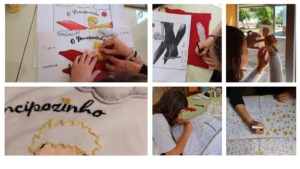 Decalque de imagens, bordado, escrita e pintura.